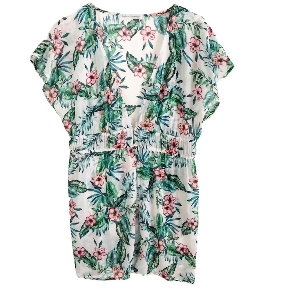 Fortune Swimwear Tropical Floral Cover Up Small Green Pink